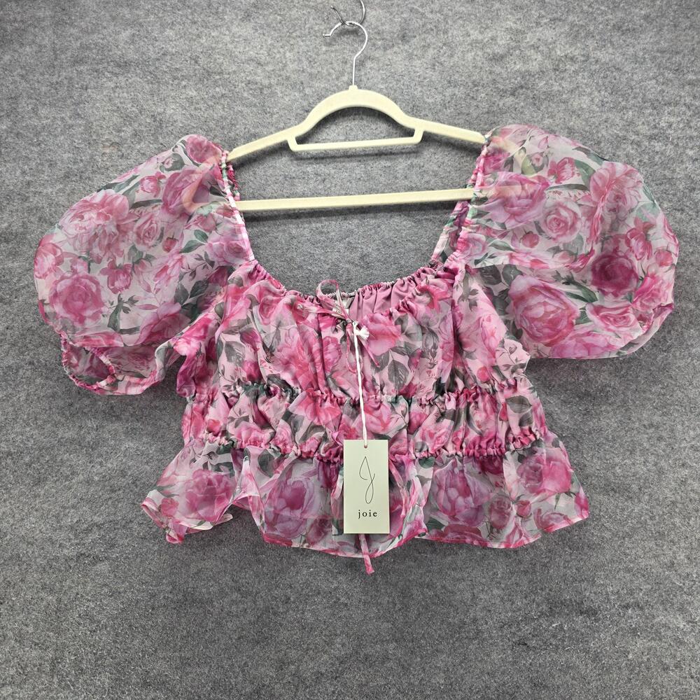 Joie Shirt Womens Large Pink Floral Sheer Puff Sleeve Peplum Crop Top Blouse